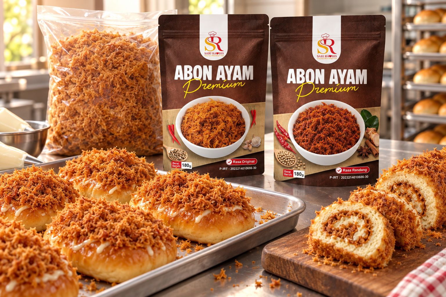 Roti abon dengan abon Sari Raos
